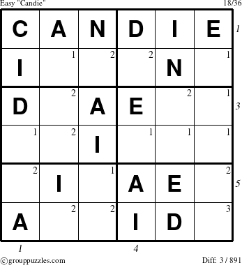The grouppuzzles.com Easy Candie puzzle for  with all 3 steps marked