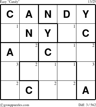 The grouppuzzles.com Easy Candy puzzle for  with the first 3 steps marked