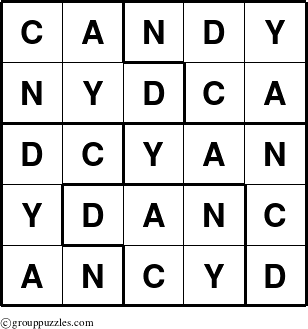 The grouppuzzles.com Answer grid for the Candy puzzle for 