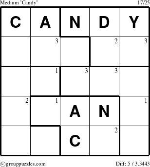 The grouppuzzles.com Medium Candy puzzle for  with the first 3 steps marked