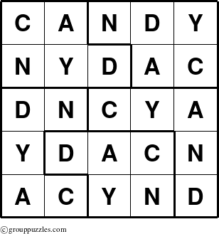 The grouppuzzles.com Answer grid for the Candy puzzle for 