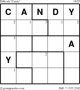 The grouppuzzles.com Difficult Candy puzzle for  with the first 3 steps marked