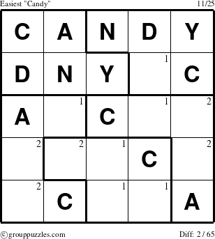 The grouppuzzles.com Easiest Candy puzzle for  with the first 2 steps marked