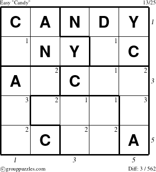 The grouppuzzles.com Easy Candy puzzle for  with all 3 steps marked