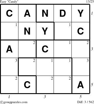 The grouppuzzles.com Easy Candy puzzle for , suitable for printing, with all 3 steps marked