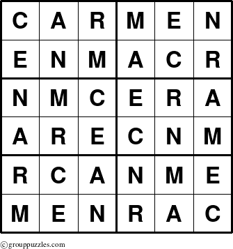 The grouppuzzles.com Answer grid for the Carmen puzzle for 