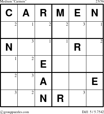 The grouppuzzles.com Medium Carmen puzzle for  with the first 3 steps marked