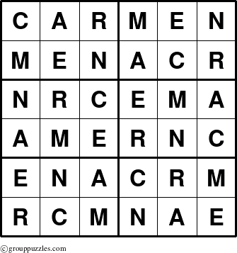 The grouppuzzles.com Answer grid for the Carmen puzzle for 