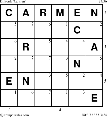 The grouppuzzles.com Difficult Carmen puzzle for , suitable for printing, with all 7 steps marked