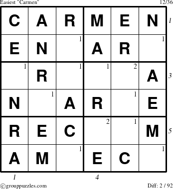 The grouppuzzles.com Easiest Carmen puzzle for , suitable for printing, with all 2 steps marked