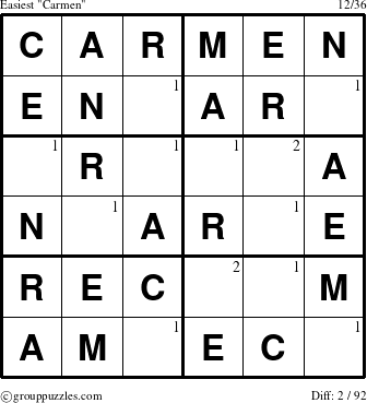 The grouppuzzles.com Easiest Carmen puzzle for  with the first 2 steps marked