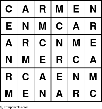 The grouppuzzles.com Answer grid for the Carmen puzzle for 
