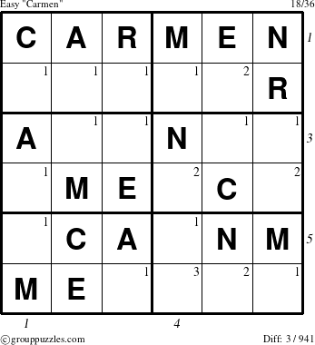 The grouppuzzles.com Easy Carmen puzzle for  with all 3 steps marked