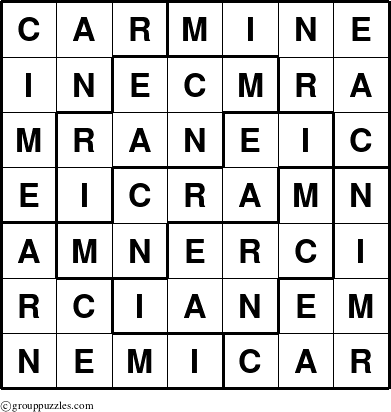 The grouppuzzles.com Answer grid for the Carmine puzzle for 