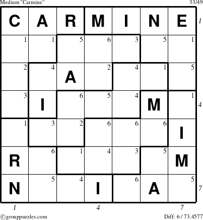 The grouppuzzles.com Medium Carmine puzzle for , suitable for printing, with all 6 steps marked