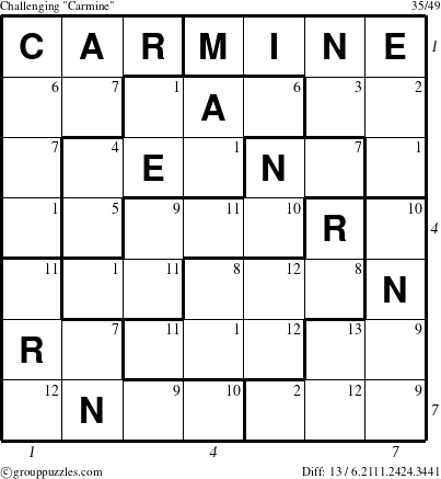 The grouppuzzles.com Challenging Carmine puzzle for , suitable for printing, with all 13 steps marked