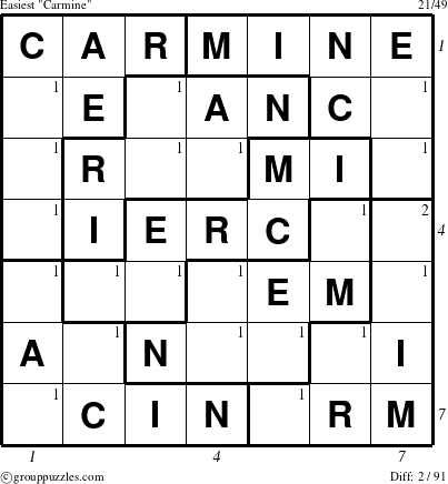 The grouppuzzles.com Easiest Carmine puzzle for , suitable for printing, with all 2 steps marked