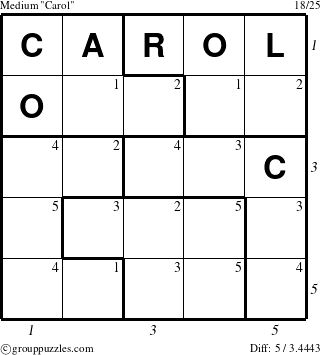 The grouppuzzles.com Medium Carol puzzle for , suitable for printing, with all 5 steps marked