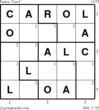 The grouppuzzles.com Easiest Carol puzzle for  with all 2 steps marked
