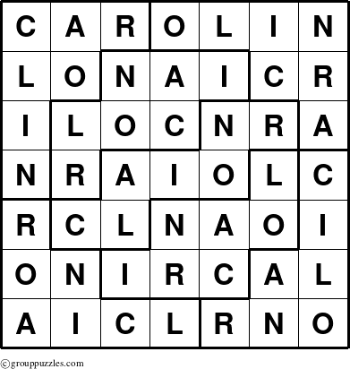 The grouppuzzles.com Answer grid for the Carolin puzzle for 