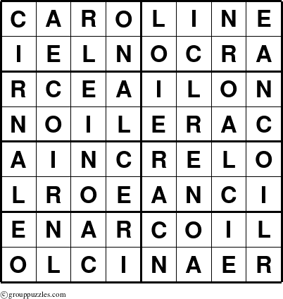 The grouppuzzles.com Answer grid for the Caroline puzzle for 