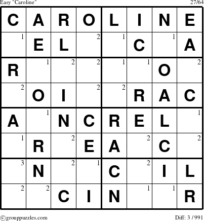 The grouppuzzles.com Easy Caroline puzzle for  with the first 3 steps marked
