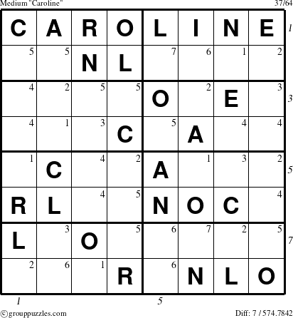 The grouppuzzles.com Medium Caroline puzzle for , suitable for printing, with all 7 steps marked