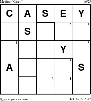 The grouppuzzles.com Medium Casey puzzle for  with the first 3 steps marked