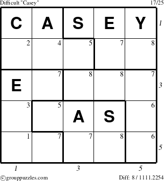 The grouppuzzles.com Difficult Casey puzzle for , suitable for printing, with all 8 steps marked