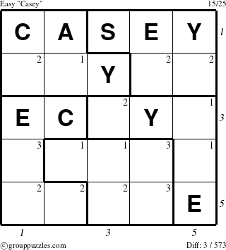 The grouppuzzles.com Easy Casey puzzle for , suitable for printing, with all 3 steps marked