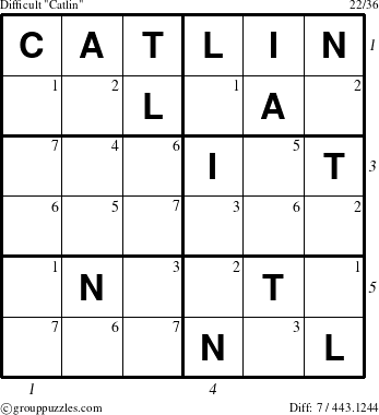 The grouppuzzles.com Difficult Catlin puzzle for , suitable for printing, with all 7 steps marked