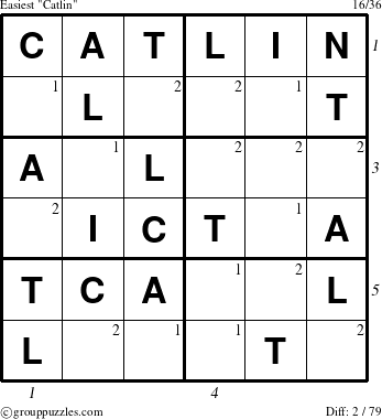 The grouppuzzles.com Easiest Catlin puzzle for , suitable for printing, with all 2 steps marked