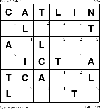 The grouppuzzles.com Easiest Catlin puzzle for  with the first 2 steps marked