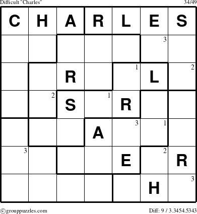 The grouppuzzles.com Difficult Charles puzzle for  with the first 3 steps marked