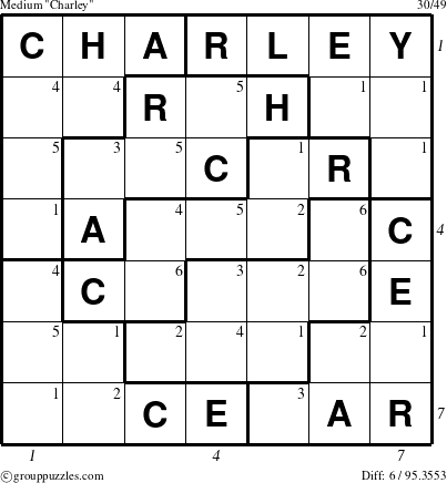 The grouppuzzles.com Medium Charley puzzle for , suitable for printing, with all 6 steps marked