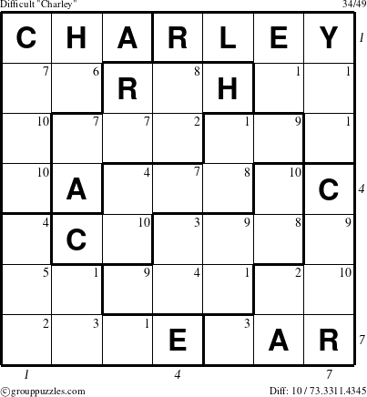 The grouppuzzles.com Difficult Charley puzzle for , suitable for printing, with all 10 steps marked