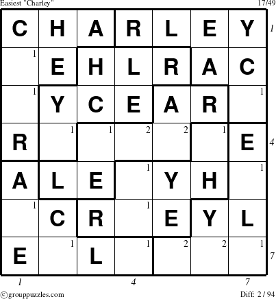 The grouppuzzles.com Easiest Charley puzzle for , suitable for printing, with all 2 steps marked