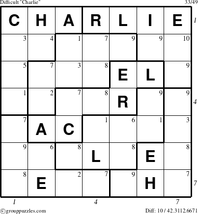 The grouppuzzles.com Difficult Charlie puzzle for , suitable for printing, with all 10 steps marked