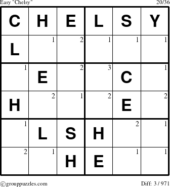 The grouppuzzles.com Easy Chelsy puzzle for  with the first 3 steps marked