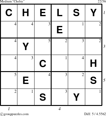 The grouppuzzles.com Medium Chelsy puzzle for , suitable for printing, with all 5 steps marked