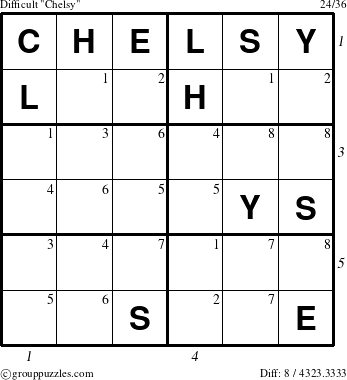 The grouppuzzles.com Difficult Chelsy puzzle for  with all 8 steps marked