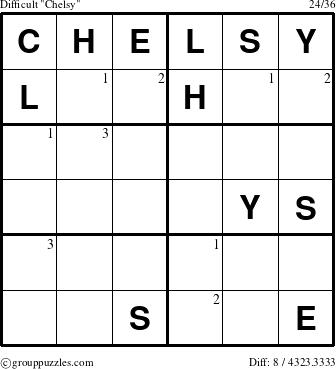 The grouppuzzles.com Difficult Chelsy puzzle for  with the first 3 steps marked