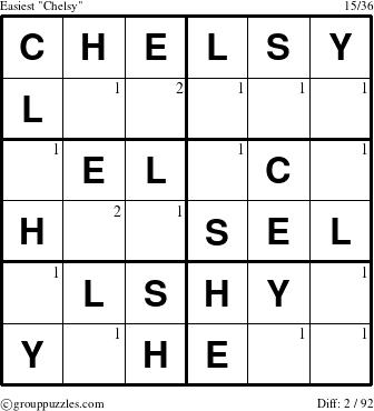 The grouppuzzles.com Easiest Chelsy puzzle for  with the first 2 steps marked