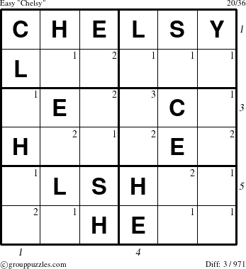 The grouppuzzles.com Easy Chelsy puzzle for , suitable for printing, with all 3 steps marked