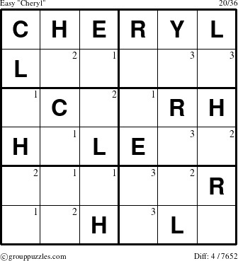 The grouppuzzles.com Easy Cheryl puzzle for  with the first 3 steps marked