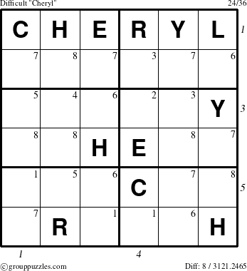 The grouppuzzles.com Difficult Cheryl puzzle for , suitable for printing, with all 8 steps marked