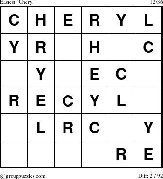 The grouppuzzles.com Easiest Cheryl puzzle for 