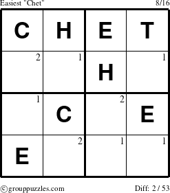 The grouppuzzles.com Easiest Chet puzzle for  with the first 2 steps marked