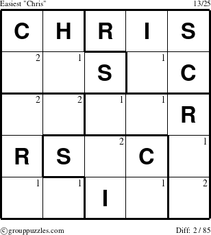 The grouppuzzles.com Easiest Chris puzzle for  with the first 2 steps marked