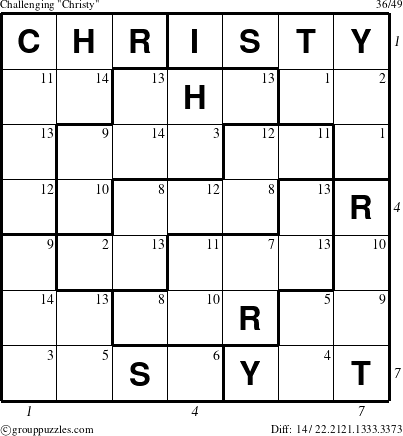 The grouppuzzles.com Challenging Christy puzzle for , suitable for printing, with all 14 steps marked